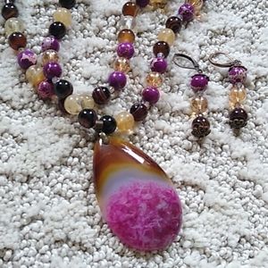 Handmade Gemstone Necklace Set Brown & Pink